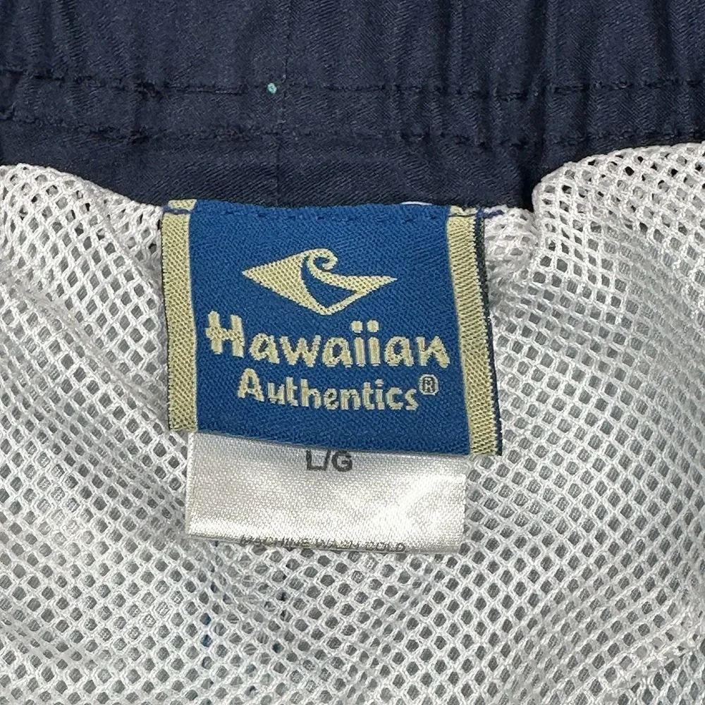 Hawaiian Authentics Swim Trunks Mens L ‎ Blue White Stripe Floral Lined